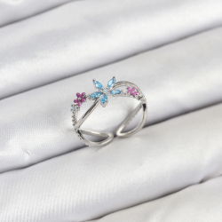 Mey İthalat® Pirinç Gümüş Renk Zirkon Taşlı Mavi Çiçekli Kadın Yüzük