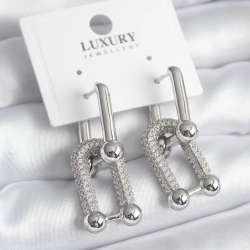 Mey İthalat® Pirinç Gümüş Renk Zirkon Taşlı Model VIP Seri Kadın Küpe