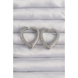 Mey İthalat® Pirinç Gümüş Renk Zirkon Taşlı Motifli Kalp Küpe