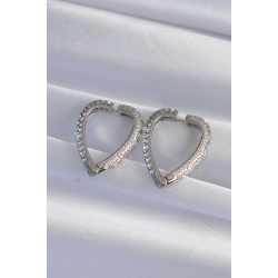 Mey İthalat® Pirinç Gümüş Renk Zirkon Taşlı Motifli Kalp Küpe