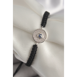 Mey İthalat® Pirinç Gümüş Renk Zirkon Taşlı Nazar Boncuk İşleme Makrome Asansörlü Model Kadın Bileklik