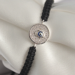 Mey İthalat® Pirinç Gümüş Renk Zirkon Taşlı Nazar Boncuk İşleme Makrome Asansörlü Model Kadın Bileklik