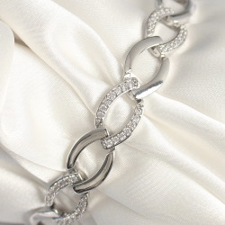 Mey İthalat® Pirinç Gümüş Renk Zirkon Taşlı Oval Zincir Model Kadın Bileklik