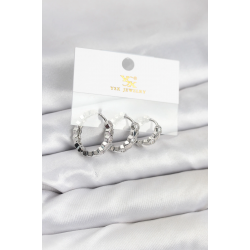 Mey İthalat® Pirinç Gümüş Renk Zirkon Taşlı Petek Halka Model YSX Trio Küpe Seti