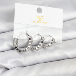 Mey İthalat® Pirinç Gümüş Renk Zirkon Taşlı Petek Halka Model YSX Trio Küpe Seti