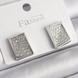 Mey İthalat® Pirinç Gümüş Renk Zirkon Taşlı Plaka Model Kadın Küpe