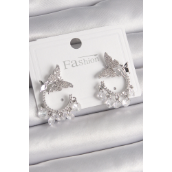 Mey İthalat® Pirinç Gümüş Renk Zirkon Taşlı Sallantı Detay Kelebek Model Kadın Küpe