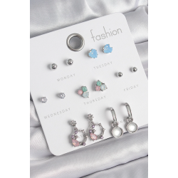 Mey İthalat® Pirinç Gümüş Renk Zirkon Taşlı Sallantı Halka Model Çiçek Detay 7 Çift Kadın Küpe Seti