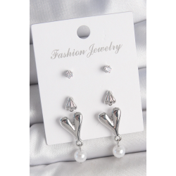 Mey İthalat® Pirinç Gümüş Renk Zirkon Taşlı Sallantılı Kalp Model 3 Çift Kadın Küpe Seti