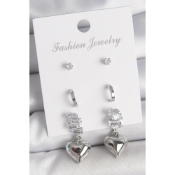 Mey İthalat® Pirinç Gümüş Renk Zirkon Taşlı Sallantılı Kalp Model Yarım Halka Detay 3 Çfit Kadın Küpe Seti