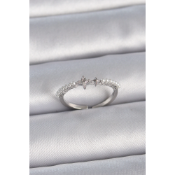 Mey İthalat® Pirinç Gümüş Renk Zirkon Taşlı Sıralı İnci Ayarlanabilir Model Kadın Yüzük