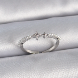 Mey İthalat® Pirinç Gümüş Renk Zirkon Taşlı Sıralı İnci Ayarlanabilir Model Kadın Yüzük