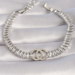 Mey İthalat® Pirinç Gümüş Renk Zirkon Taşlı Su Yolu Model VIP Seri Kadın Bileklik