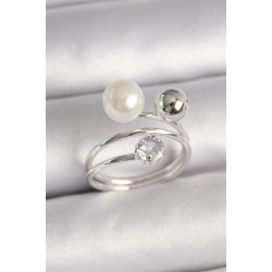 Mey İthalat® Pirinç Gümüş Renk Zirkon Taşlı Toplu İnci Model Kadın Yüzük