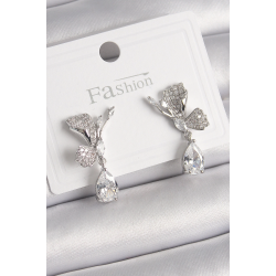 Mey İthalat® Pirinç Gümüş Renk Zirkon Taşlı Turna Kuşu Model Sallantı Detay Kadın Küpe