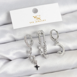 Mey İthalat® Pirinç Gümüş Renk Zirkon Taşlı Uzay Model YSX Trio Küpe Seti