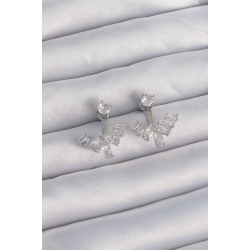 Mey İthalat® Pirinç Gümüş Renk Zirkon Taşlı V Model Küpe