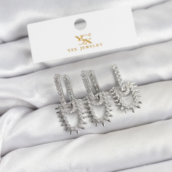 Mey İthalat® Pirinç Gümüş Renk Zirkon Taşlı Vintage Model YSX Trio Küpe Seti