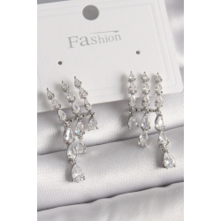 Mey İthalat® Pirinç Gümüş Renk Zirkon Taşlı Yağmur Model Kadın Küpe