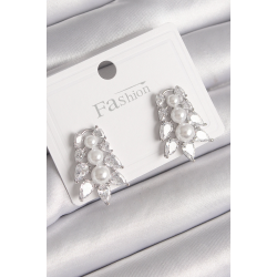 Mey İthalat® Pirinç Gümüş Renk Zirkon Taşlı Yaprak Model İnci Detay Kadın Küpe