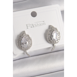 Mey İthalat® Pirinç Gümüş Renk Zirkon Taşlı Yaprak Model Kadın Küpe