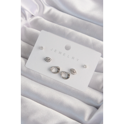 Mey İthalat® Pirinç Gümüş Renk Zirkon Taşlı Yaprak Model Küpe Seti