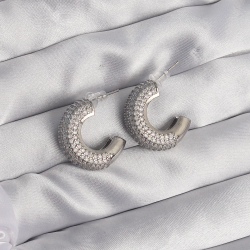 Mey İthalat® Pirinç Gümüş Renk Zirkon Taşlı Yarım Halka Küpe