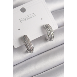 Mey İthalat® Pirinç Gümüş Renk Zirkon Taşlı Yarım Halka Model Kadın Küpe