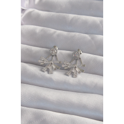 Mey İthalat® Pirinç Gümüş Renk Zirkon Taşlı Yassı Fiyonk Model Küpe