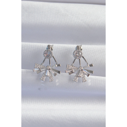 Mey İthalat® Pirinç Gümüş Renk Zirkon Taşlı Yassı Fiyonk Model Küpe