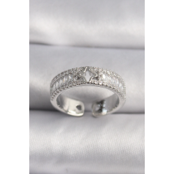 Mey İthalat® Pirinç Gümüş Renk Zirkon Taşlı Yıldız İşleme VIP Seri Kadın Yüzük