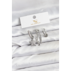 Mey İthalat® Pirinç Gümüş Renk Zirkon Taşlı Yıldız Vintage Model YSX Trio Küpe Seti