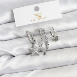 Mey İthalat® Pirinç Gümüş Renk Zirkon Taşlı Yıldız Vintage Model YSX Trio Küpe Seti