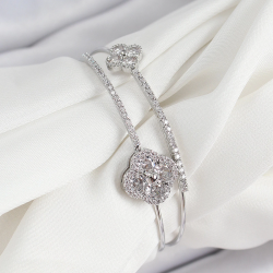 Mey İthalat® Pirinç Gümüş Renk Zirkon Taşlı Yonca Model 2'li Kadın Bileklik