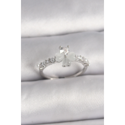 Mey İthalat® Pirinç Gümüş Renk Zirkon Taşlı Yonca Model İnci Detay Ayarlanabilir Yüzük