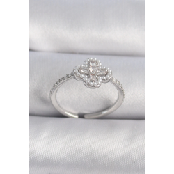 Mey İthalat® Pirinç Gümüş Renk Zirkon Taşlı Yonca Model İnci Detay Kadın Yüzük