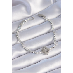 Mey İthalat® Pirinç Gümüş Renk Zirkon Taşlı Yonca Model Kadın Bileklik