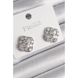 Mey İthalat® Pirinç Gümüş Renk Zirkon Taşlı Yonca Model Kadın Küpe