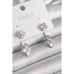 Mey İthalat® Pirinç Gümüş Renk Zirkon Taşlı Yonca Model Kadın Küpe