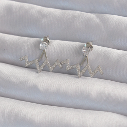 Mey İthalat® Pirinç Gümüş Renk Zirkon Taşlı Zikzak Küpe