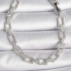 Mey İthalat® Pirinç Gümüş Renk Zirkon Taşlı Zincir Model VIP Seri Kadın Bileklik