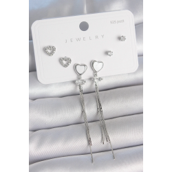 Mey İthalat® Pirinç Gümüş Sallantı Beyaz Mineli Kalp Model Zirkon Taşlı Kalp Detay 925 Ayar Gümüş Çivi Kadın Küpe Seti