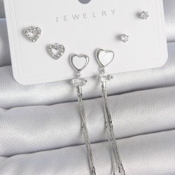 Mey İthalat® Pirinç Gümüş Sallantı Beyaz Mineli Kalp Model Zirkon Taşlı Kalp Detay 925 Ayar Gümüş Çivi Kadın Küpe Seti