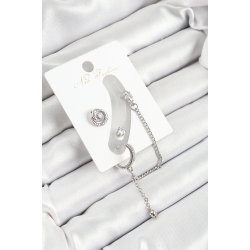 Mey İthalat® Pirinç Halka Figürlü Zirkon Taşlı Gümüş Renk 3'lü Kıkırdak Kadın Küpe Set