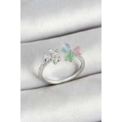 Mey İthalat® Pirinç Kalp Figürlü Zirkon Taşlı Gümüş Renk Ayarlanabilir Kadın Yüzük