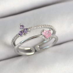 Mey İthalat® Pirinç Kalp Ve Çiçek Figürlü Zirkon Taşlı Gümüş Renk Ayarlanabilir Kadın Yüzük