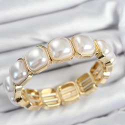 Mey İthalat® Pirinç Kare İnci Model Gold Renk Lastikli Kadın Bileklik