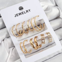 Mey İthalat® Pirinç Karışık Halka Model Gold Renk 6 Çift Kadın Küpe Set