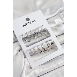 Mey İthalat® Pirinç Karışık Halka Model Gümüş Renk 6 Çift Kadın Küpe Set