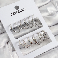 Mey İthalat® Pirinç Karışık Halka Model Gümüş Renk 6 Çift Kadın Küpe Set